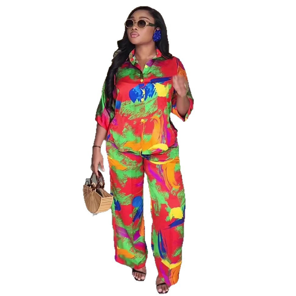 European and American new casual women's clothing set lapel mid-sleeved cardigan shirt trousers African large-size printed two-piece set women