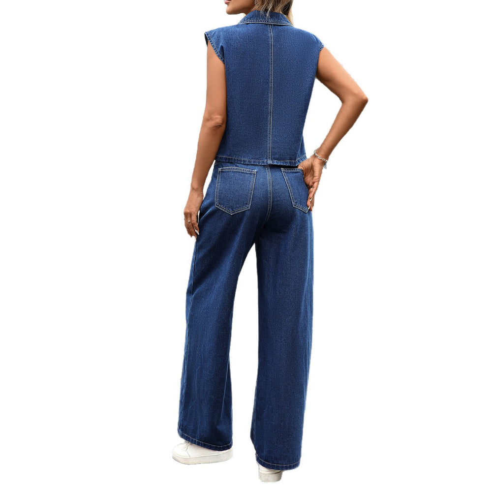 Fashion cross-border fashion  new arrival washed denim button lapel flap pocket pantstopsstraight-legpantstwo-piece set