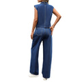 Fashion cross-border fashion  new arrival washed denim button lapel flap pocket pantstopsstraight-legpantstwo-piece set