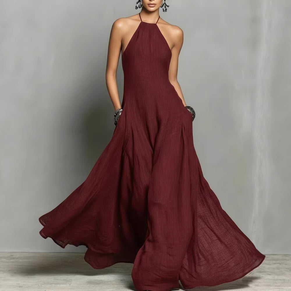 spring/summer new arrivals: european and american -style independent store cotton-linen blend minimalist open-back sleeveless maxi dress