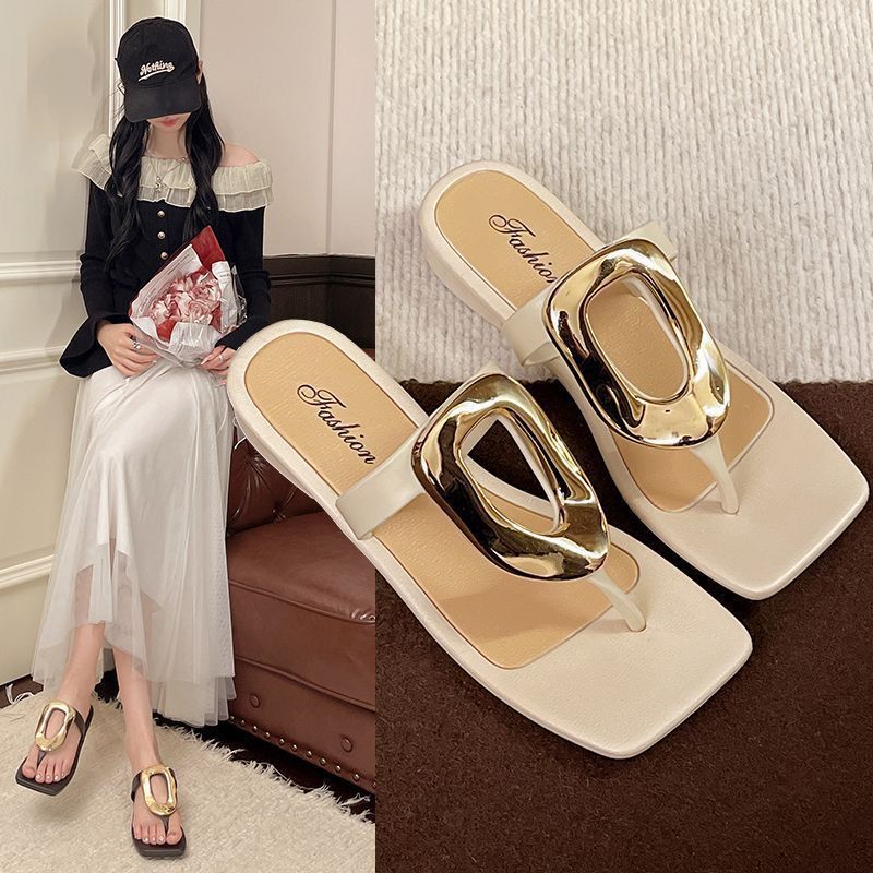 2025new arrival square toe open toe flip-flops outweareasiest for match flip-flops casualflats metal buckle niche style sandals summer