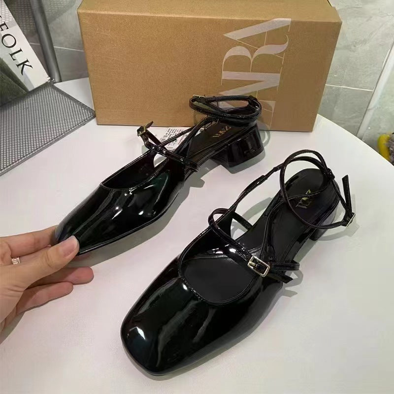 Za2024 new spring low-heeled mary jane flats square toe buckle shallow back strap one-strap thick heel sandals