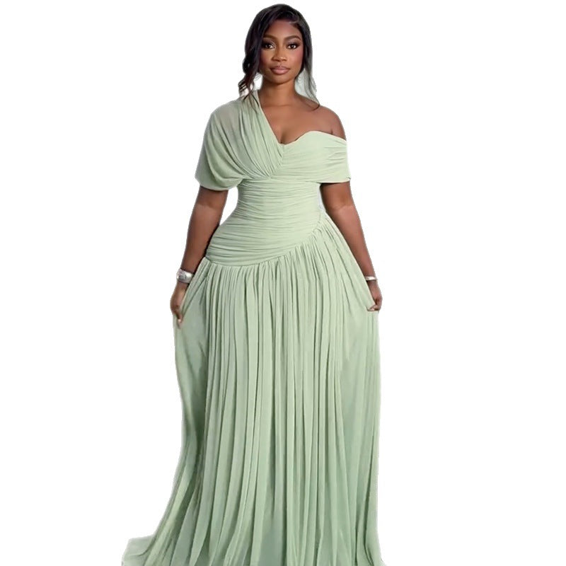 European and american cross-border women's fashion:  summer new arrival - elegant asymmetrical neck ruched tie-waist long short-sleeve dress