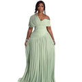 European and american cross-border women's fashion:  summer new arrival - elegant asymmetrical neck ruched tie-waist long short-sleeve dress