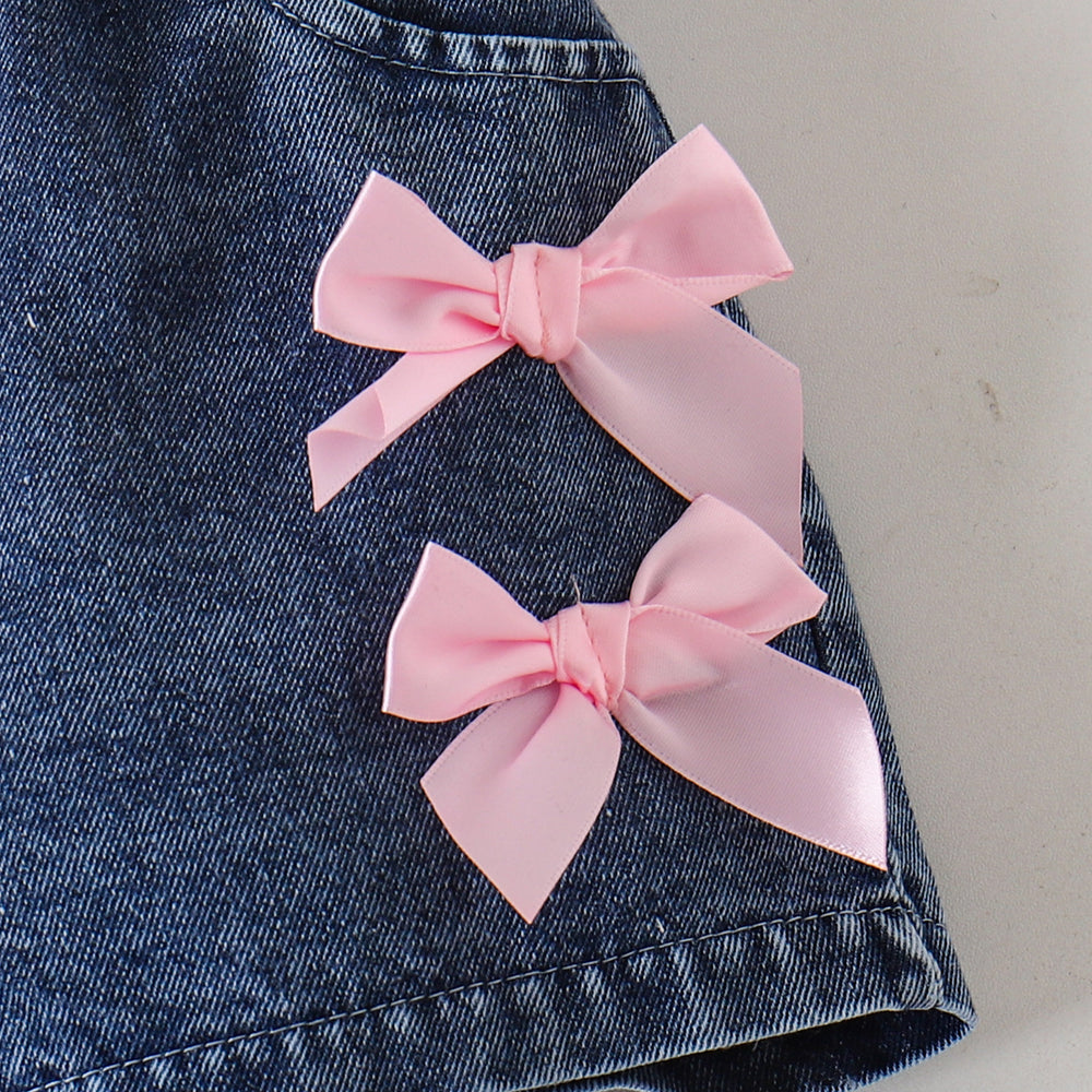 26 cross-border summer girl pink and white pit strip halter top + denim shorts sweet bow children's clothing wholesale in stock
