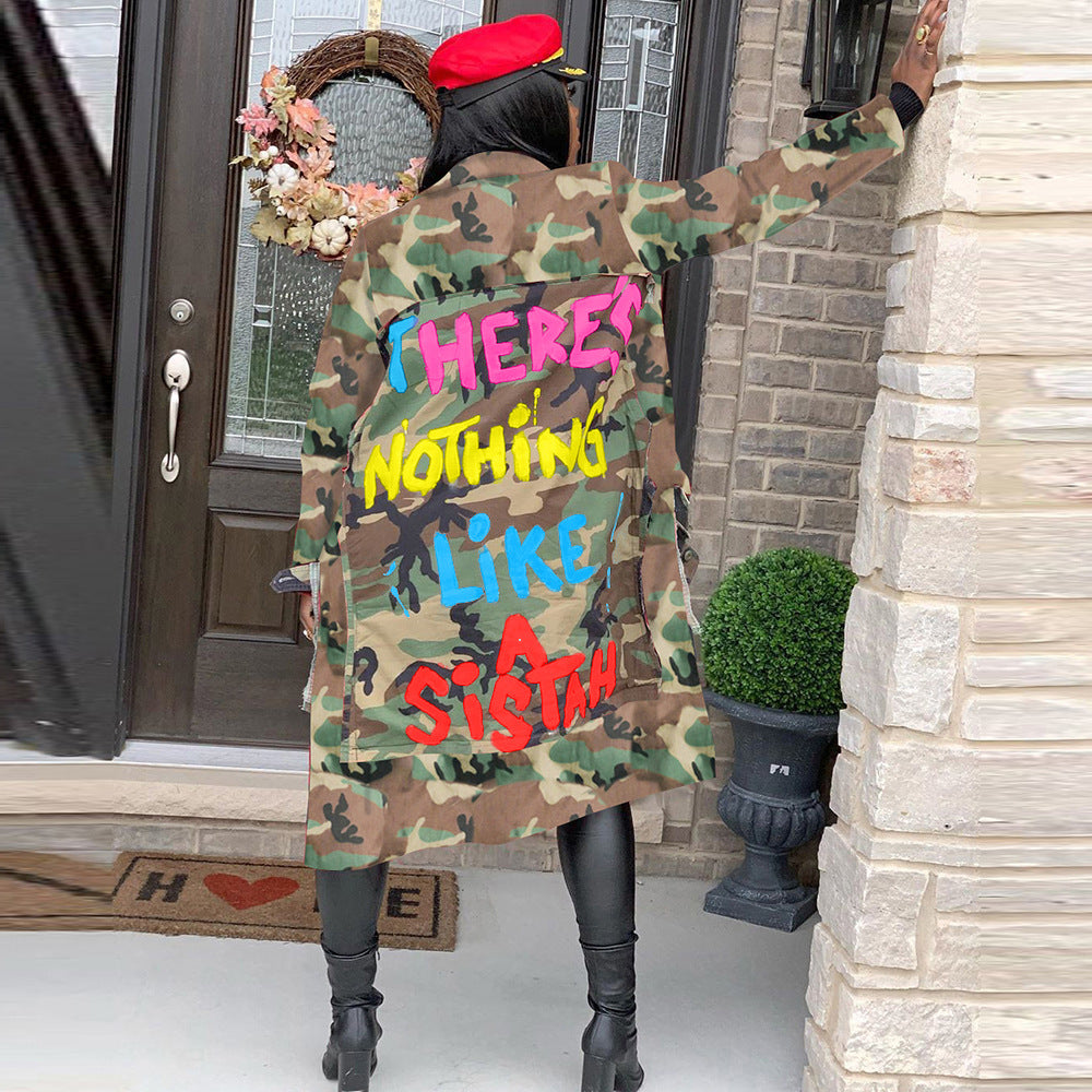 S390237 in stock wholesale women's mid-length casual fashion european and american camouflage print patchwork military overcoat