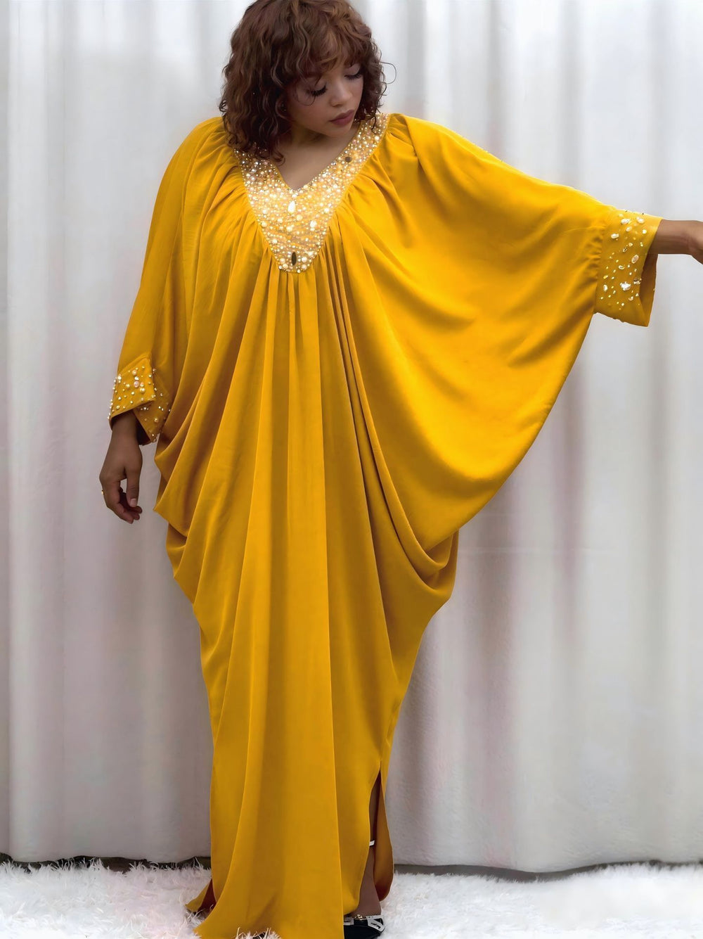 african bat sleeve beaded v neckdress loose pleated slit party robe dressbubudress
