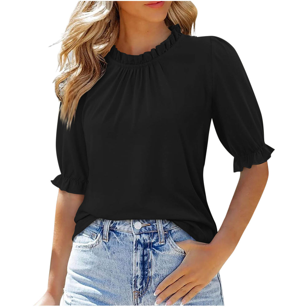 new women's solid color button-down crew neck ruched mid-sleeve top for cross-border