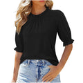 new women's solid color button-down crew neck ruched mid-sleeve top for cross-border