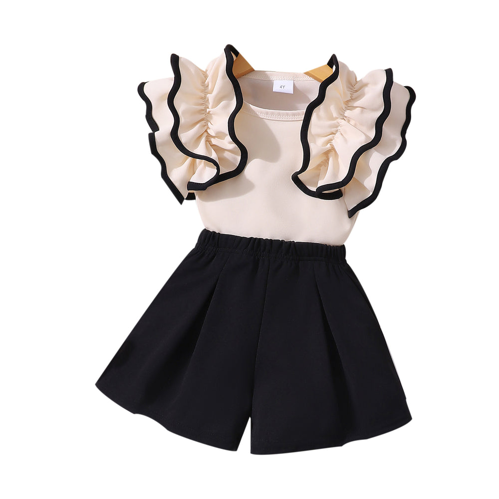 Girls' two-piece outfit: ruffle-trimmed top + solid color shorts set