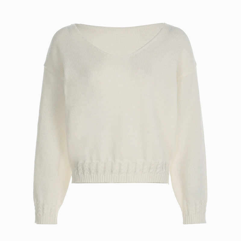 Cross-border street casual sweater lazy autumn and winter pullover loose v-neck knitted sweater solid color warm long-sleeved top women