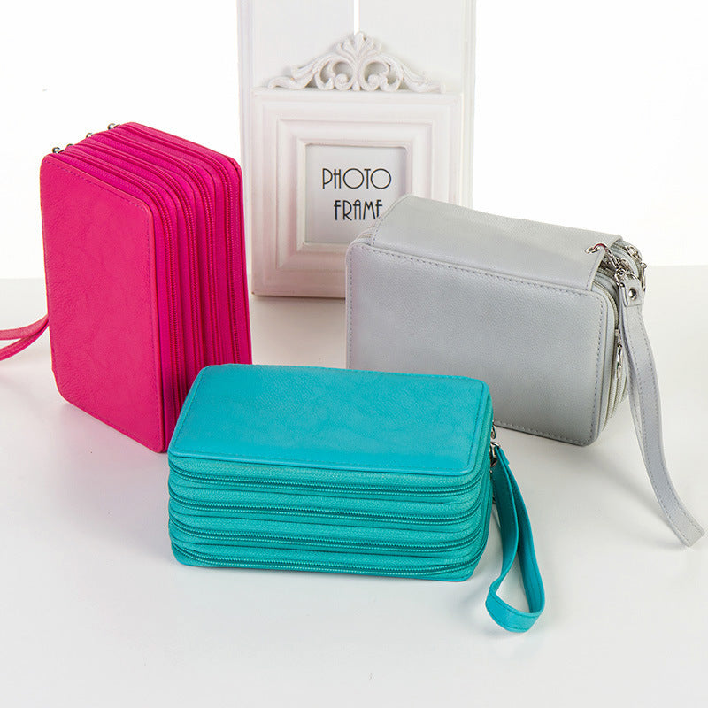 Cross-border pencil bag four-layer zipper, large-capacity pu72-color pen curtain, student storage lead stationery box, stationery bag set.