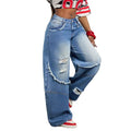 Fashionjeans women's high waist polished white ripped raw edge patchwork loose pants washed blue loosedrapedmoppants