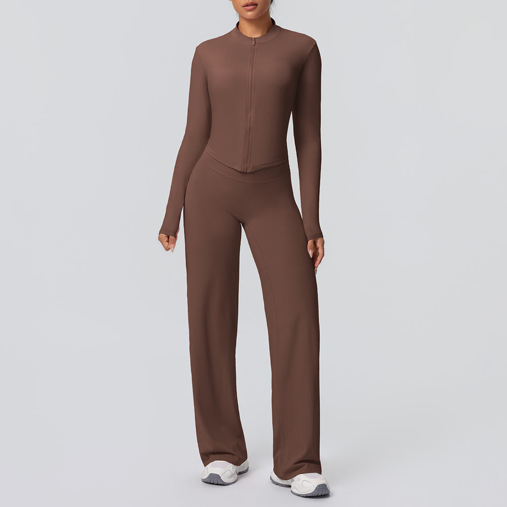 High-waisted, wide-leg, straight-leg pants with a cloud-like feel, quick-drying, zippered jacket, yoga outfit, outdoor casual running fitness sportswear set