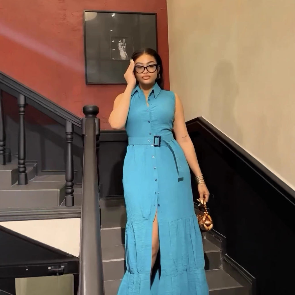 Europe and the United States  new women's clothing lapel cardigan sleeveless solid color temperament long dress with belt