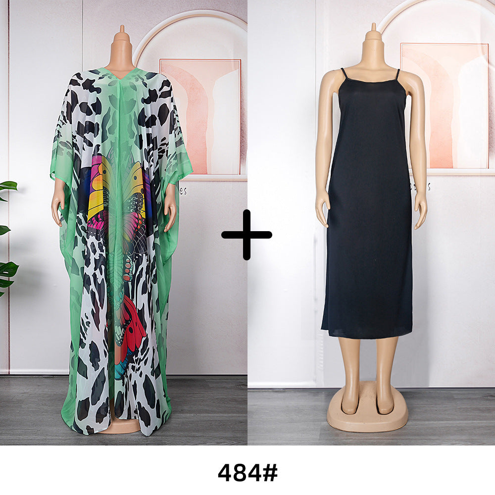 African women's plus size printed holiday beach dress loose sun protection robe  chiffon dress two-piece set