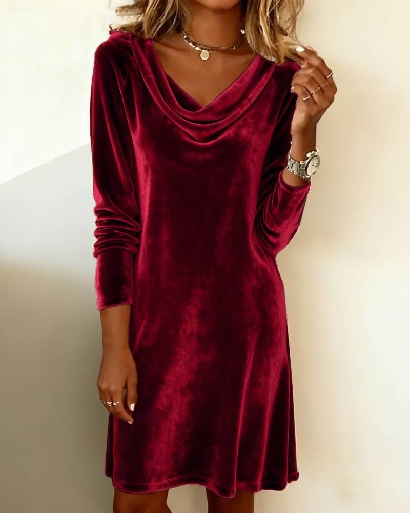 fall/winter fashion cross-border women's new solid color overcoat, swing neck long sleeve sexy velvet dress