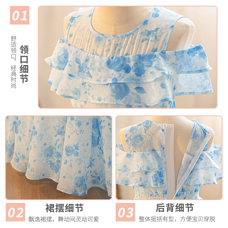 Girls' summer dresses  new collection: floral princess dresses for girls, mid-to-large size, long summer styles - wholesale