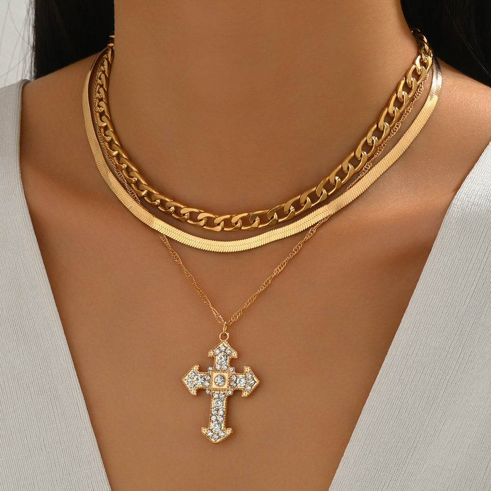 Wholesale gold cross necklace - cross-border hot seller, multi-layered stackable diamond-studded jewelry, women's creative minimalist alloy necklace
