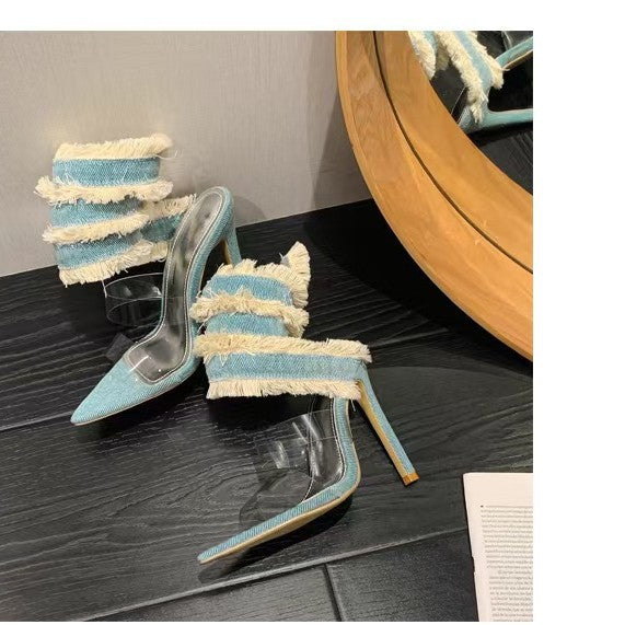 New arrivalaccessible luxuryclassyfashionsexy denim snake-shaped pointed toe catwalk stiletto sandals elegant wholesale