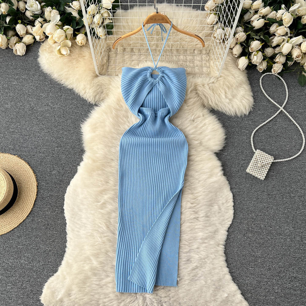 Spring and summer elegant socialite haltercut outtube top hip-covering long skirt women's tight sexybackless slit knitting long skirt
