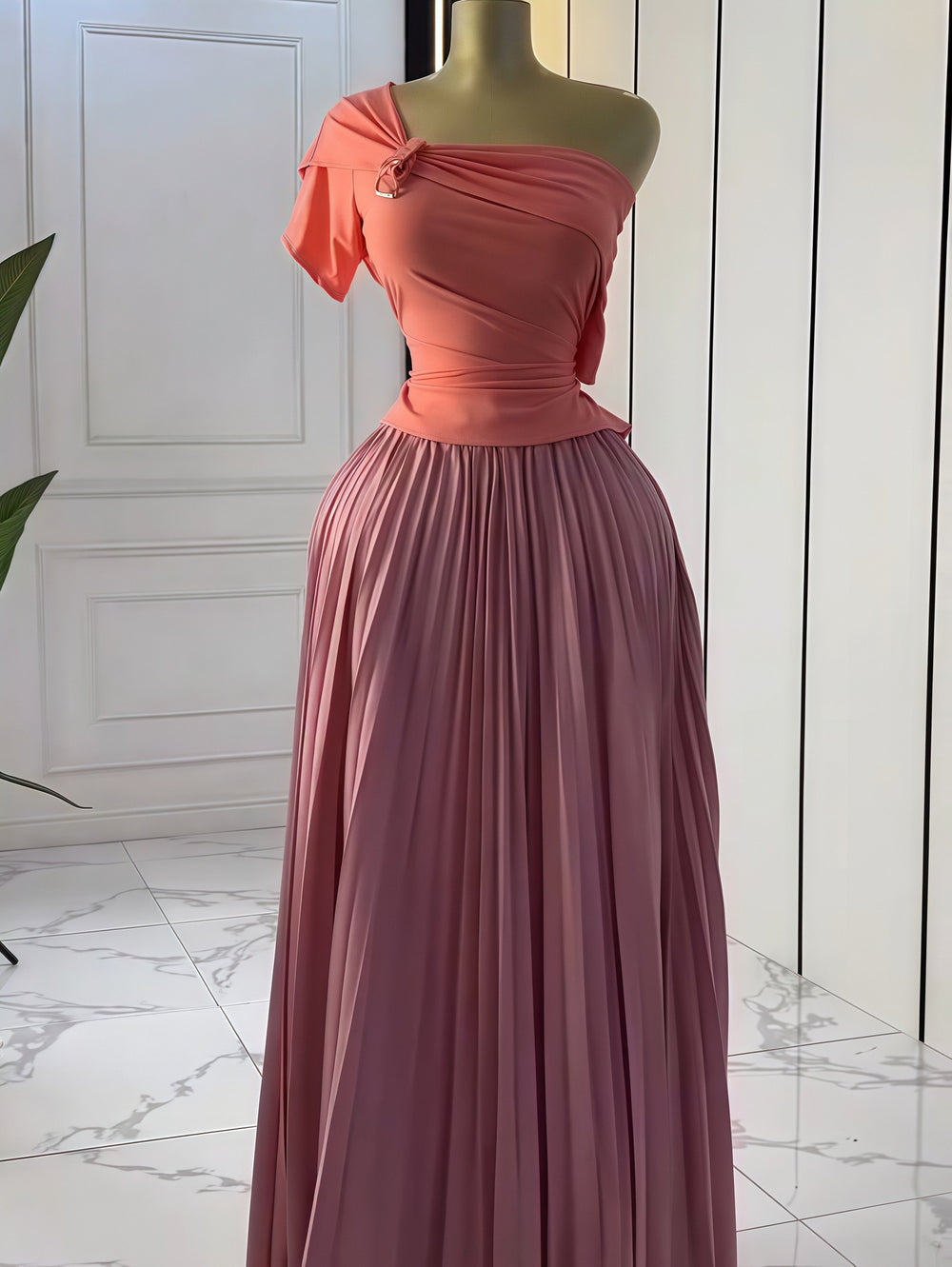 European and american cross-border women's fashion:  autumn new collection - solid color short sleeve bandeau top with asymmetrical neckline, cinched waist, and pleated detailing - elegant two-piece set