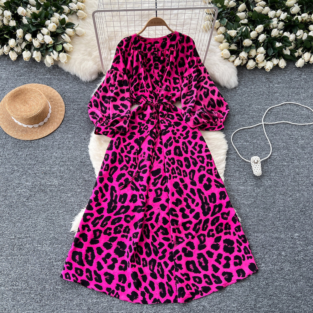 Frenchretroniche styleprintingdress women's autum strap waist round neck lantern sleeve slimming looklong skirt