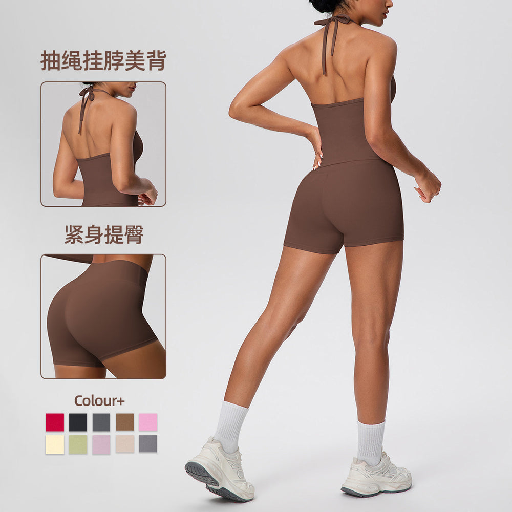 New arrival cross-border pure color brushed beautiful back strap halterhigh waist yoga clothes suit sports running fitness suit for women