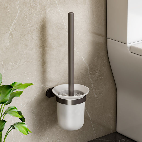 Gun ash toilet brush holder non-punching space aluminum wall-mounted glass base cleaning toilet brush toilet brush rack set
