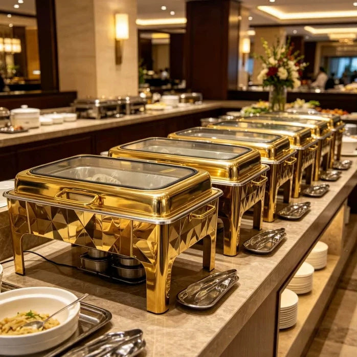 New 9l stainless steel gold glass buffet warmer with hydraulic lid for restaurant use