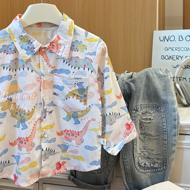 Kids' spring/autumn casual long-sleeve cotton shirt - boys' polo shirt with cartoon all-over print for toddlers and young children