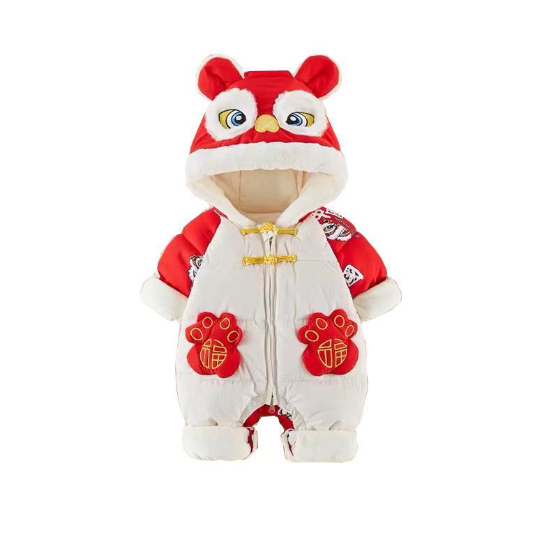 Newborn baby winter new chinese style thickened outfit for new year's visits, festive one-piece for baby boys and girls' first birthday celebration