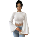 Aliexpress cross-border e-commerce women's fashion: artsy & elegant t-shirt - spring/summer tassel design, flared sleeve, cropped top
