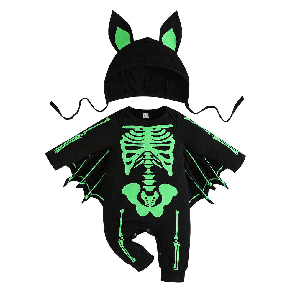 new halloween baby costume: skeleton & bat long-sleeve romper with hat