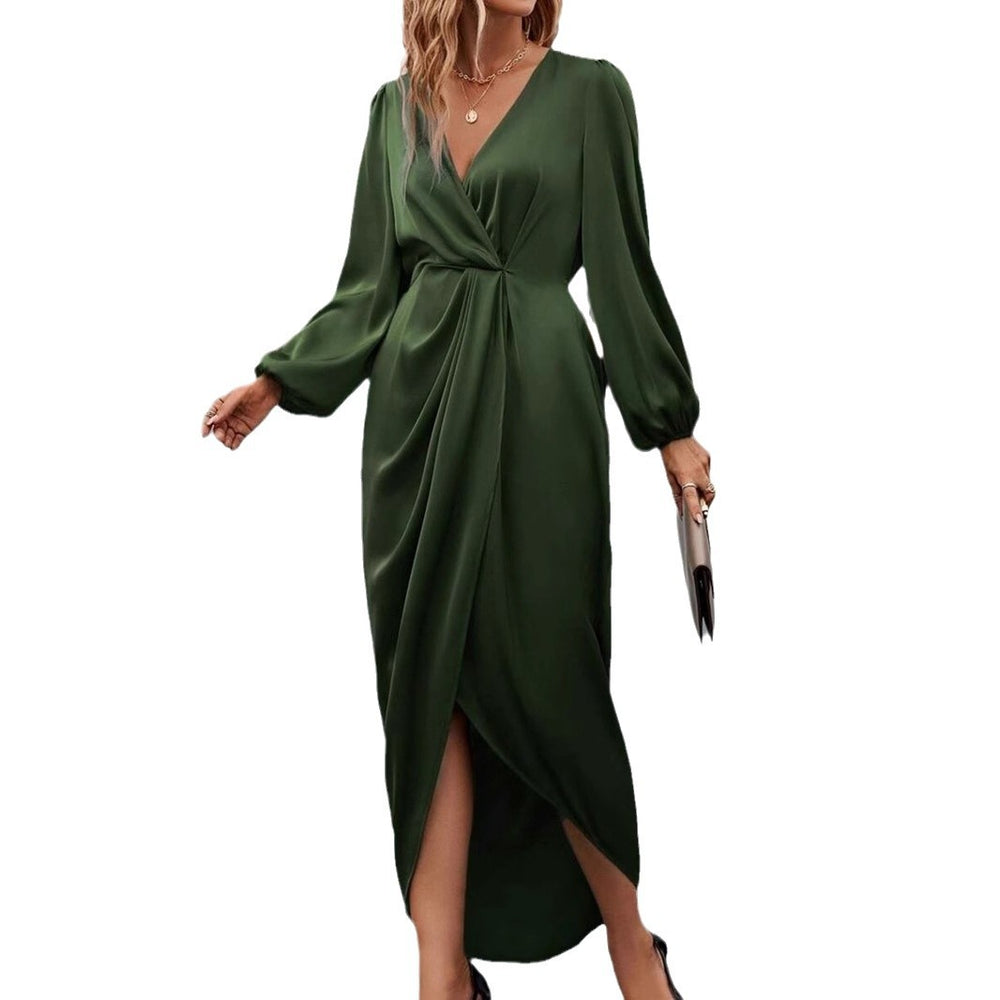 women's new slit dress - spring/summer lantern sleeve irregular long sleeve satin maxi dress