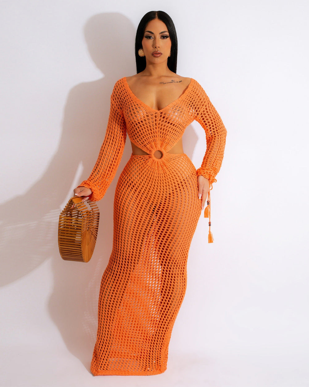 Amazon  european and american women's sexy hollow-out knitted dress summer deep v beach cover-up maxi dress