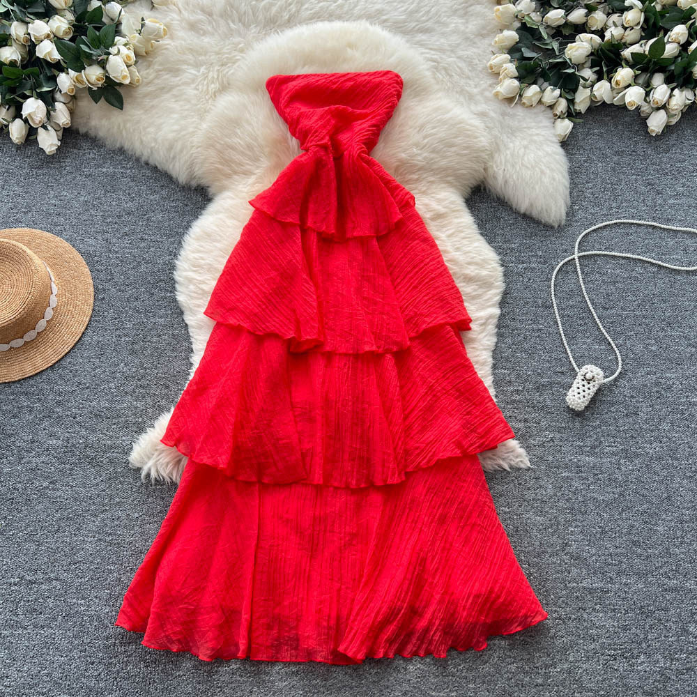 Sleeveless bandeau dress women's summer french style cinched waist slimming elegant vacation style long dress fairy cake dress