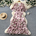 K-stylev neck floral multi-layer dress women's summer short sleevehigh waist cake skirt romantic style pinkelegant long skirt