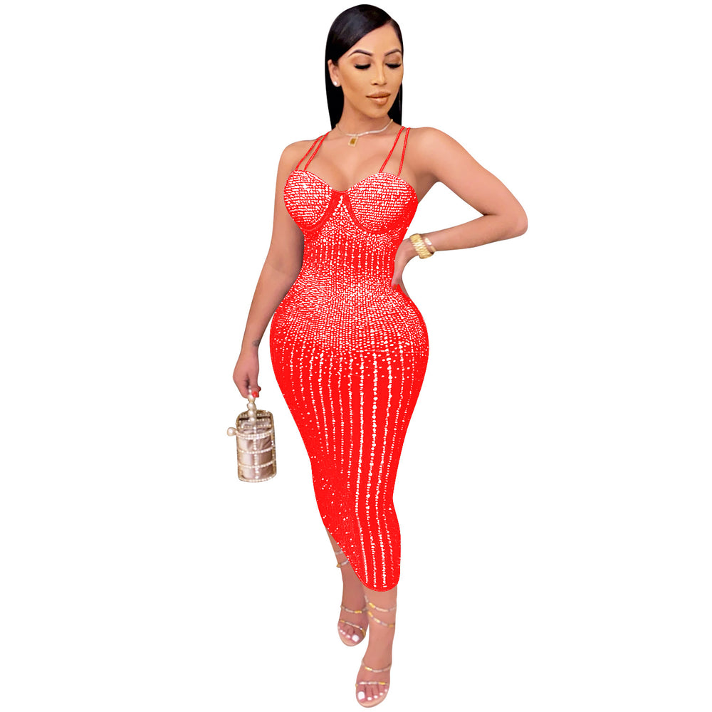 X3805 cross-border new arrival: european and american fashion women's party nightclub mesh see-through rhinestone embellished strappy dress