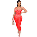 X3805 cross-border new arrival: european and american fashion women's party nightclub mesh see-through rhinestone embellished strappy dress