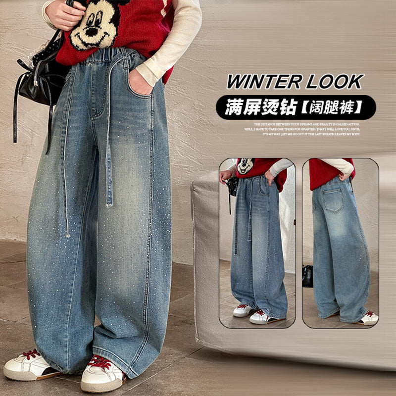 Girls' jeans, wide-leg pants, and straight-leg trousers for older girls - spring/autumn  new styles - hot rhinestone trendy designs for middle school girls