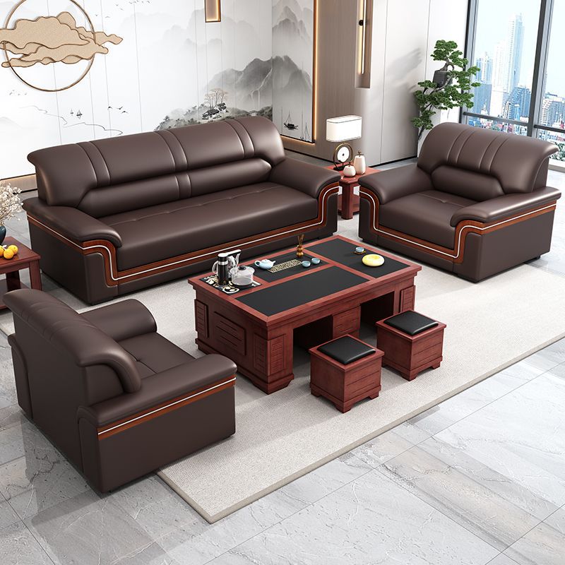Office sofa solid wood coffee table combination set - genuine leather, minimalist modern style, 1+1+3 configuration for business reception and guest seating