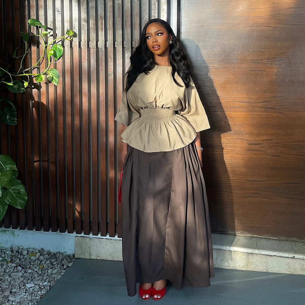 European and american cross-border women's fashion:  summer new arrivals - stylish, designer pleated waist top and high-waisted midi skirt set