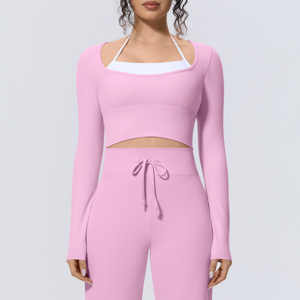 New arrival cross-border nude double-piece fake two-piece pure colorlong sleevest-shirttops tight sports running fitness yoga clothes