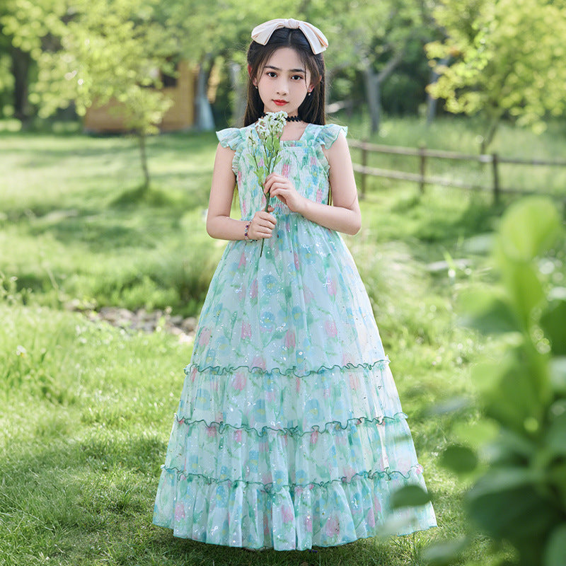 Girls' chiffon dress - floral print, country style, fresh and flowy, suspender dress, chic and stylish, new  long dress