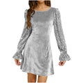 european and american   women's fashion solid color round neck gold velvet sequin long sleeve dress