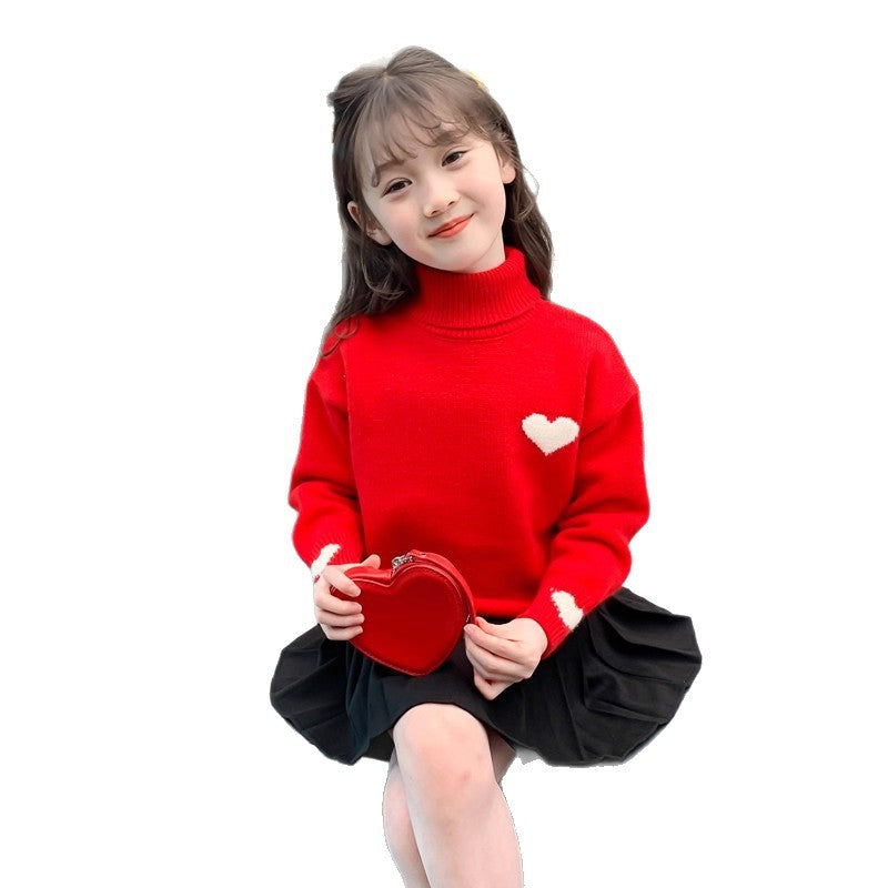 Girlsweater high collar fleece-lined winter kids heart woolentopsgirlwinterthickened bottomknitting shirt