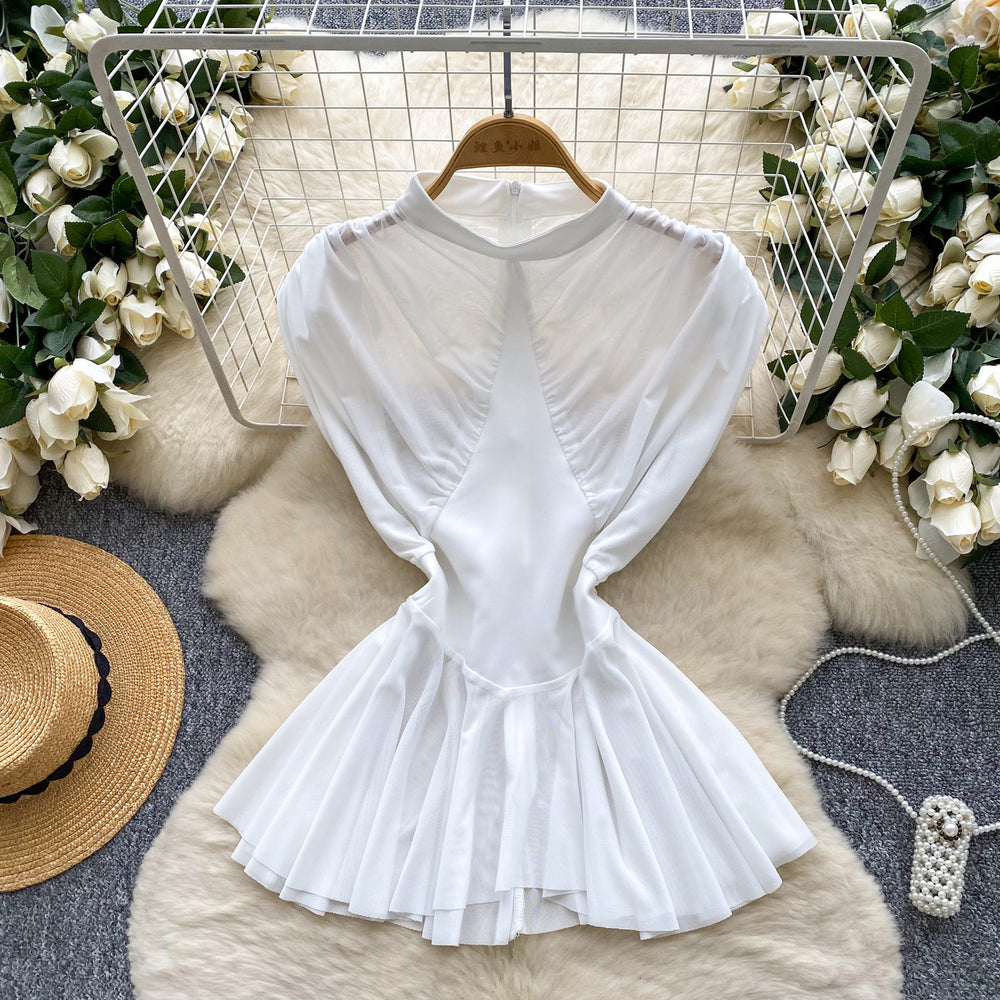 European and american fashion tops for women, summer : french-inspired, unique design, mesh paneling, cinched waist, chic sleeveless blouse