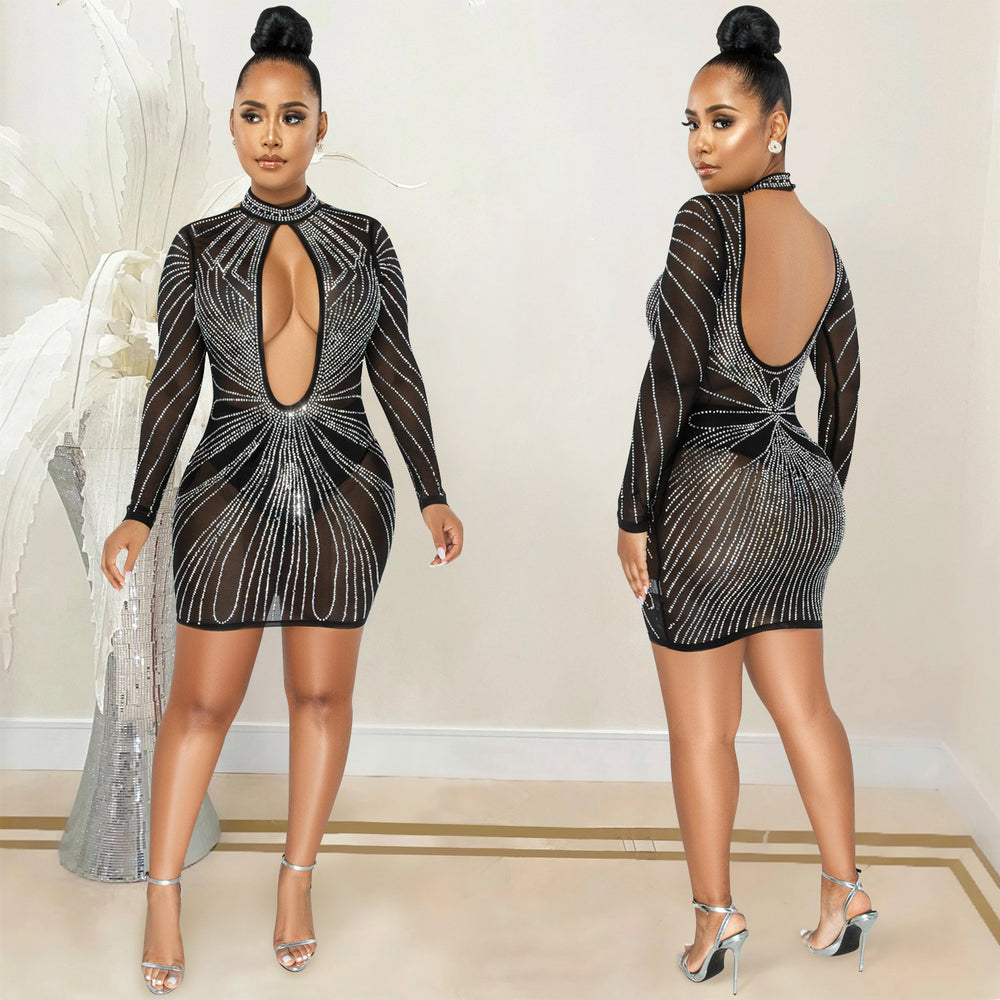 X5565   fashion new product nightclub hot diamond mesh see-through long sleeves cut out skirt dress