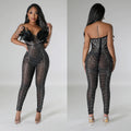 C6735 cross-border   fashion women's solid color sexy mesh rhinestone hot pants jumpsuit
